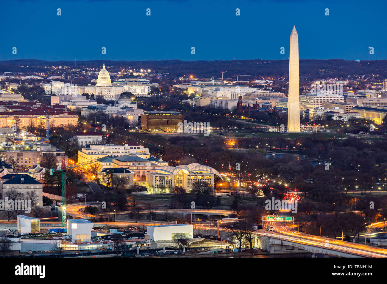 Aerial view of Washington DC cityscape from Arlington Virginia USA. Stock Photo