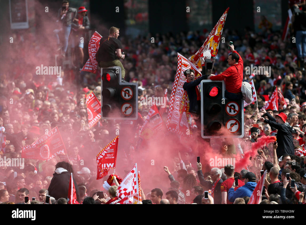 Crowds of Liverpool fans during the Champions League Winners Parade in Liverpool. Stock Photo