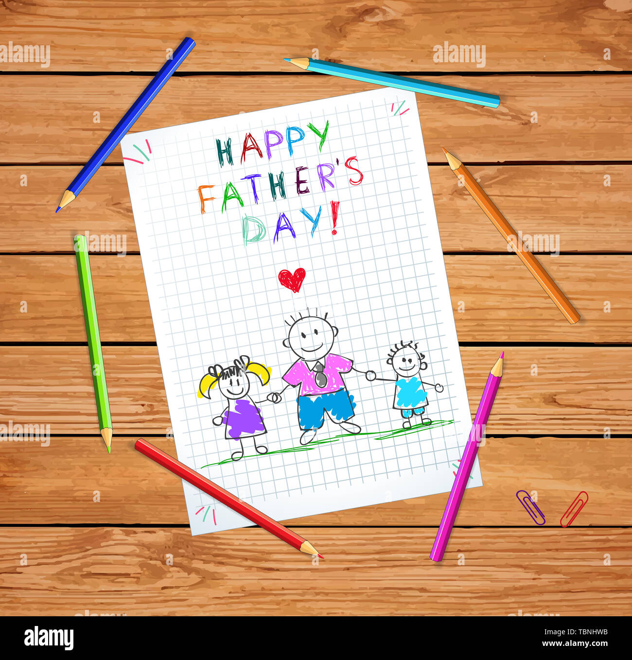 Happy Fathers Day Greeting Card. Baby Drawing with Hand Drawn Dad ...