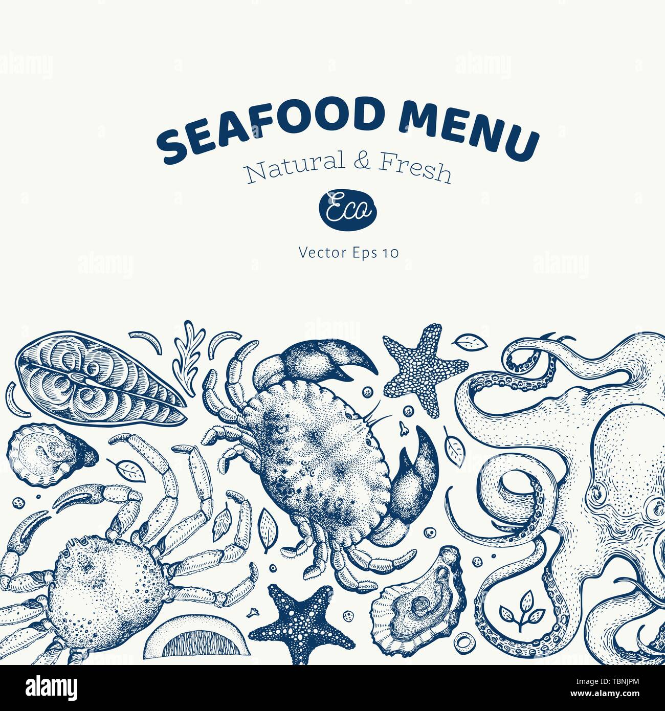 Seafood and fish design template. Hand drawn vector illustration. Can ...