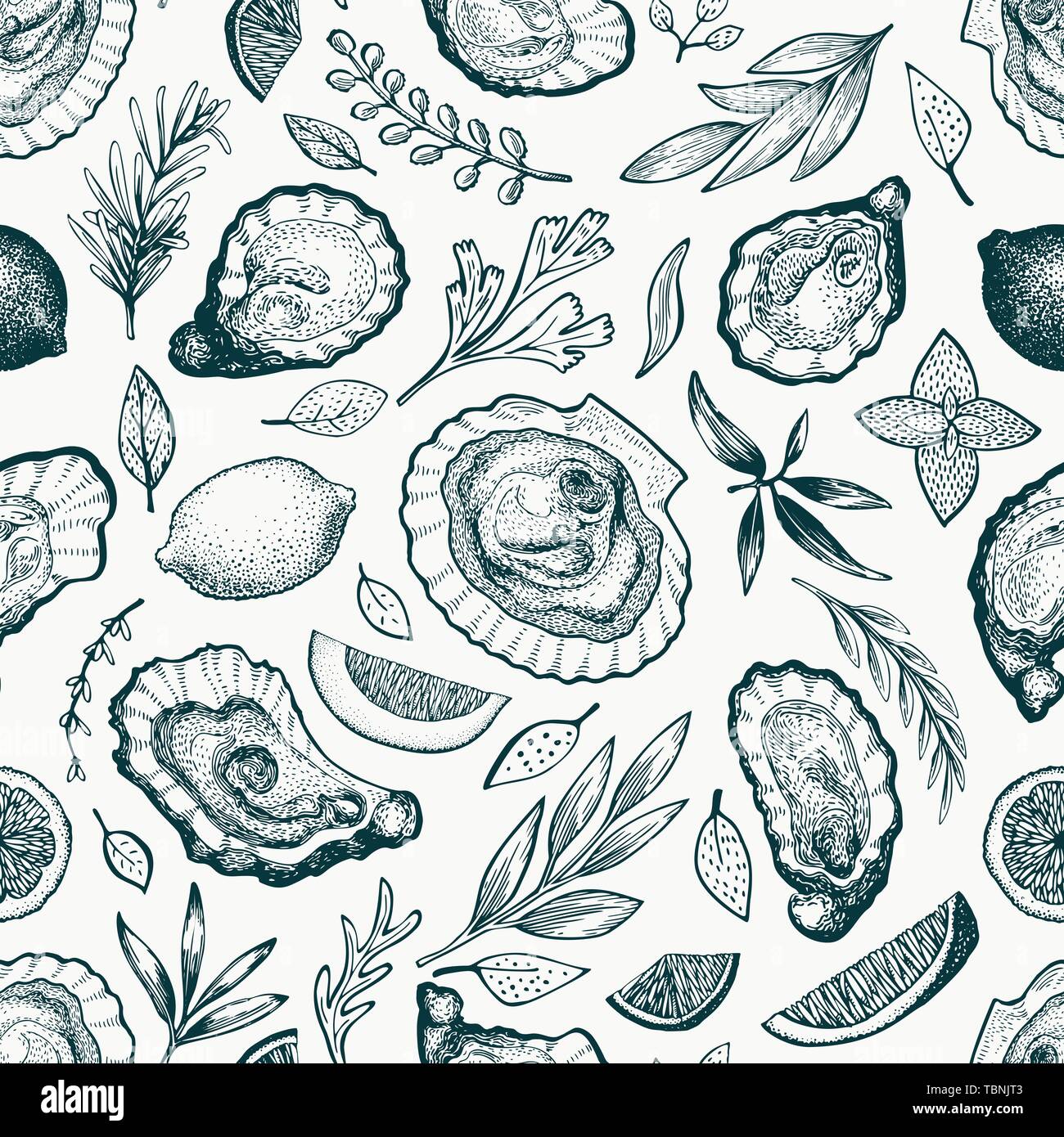 Oysters And Spices Seamless Pattern Hand Drawn Vector