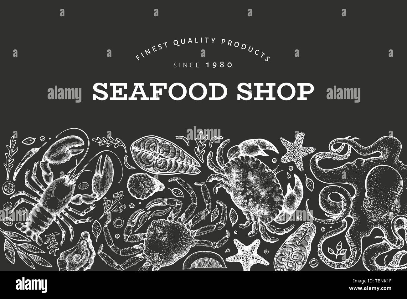 Seafood and fish design template. Hand drawn vector illustration. Can ...