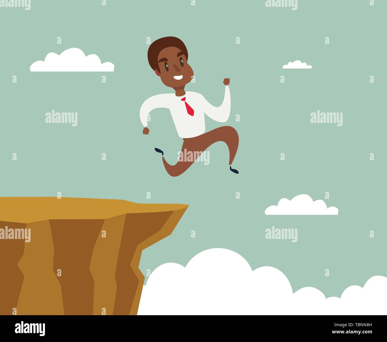 black african american businessman running and jump over cliff gap to success, overcome the difficulty, Business concept Stock Vector