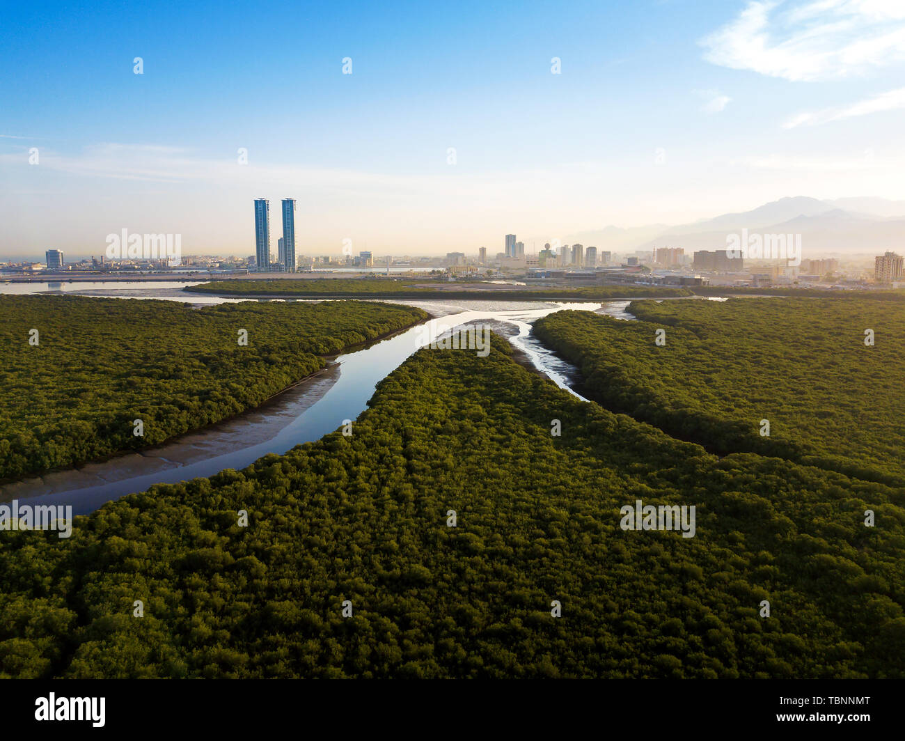 Panoramic view of Ras al Khaimah over mangrove forest in the UAE United Arab Emirates aerial Stock Photo