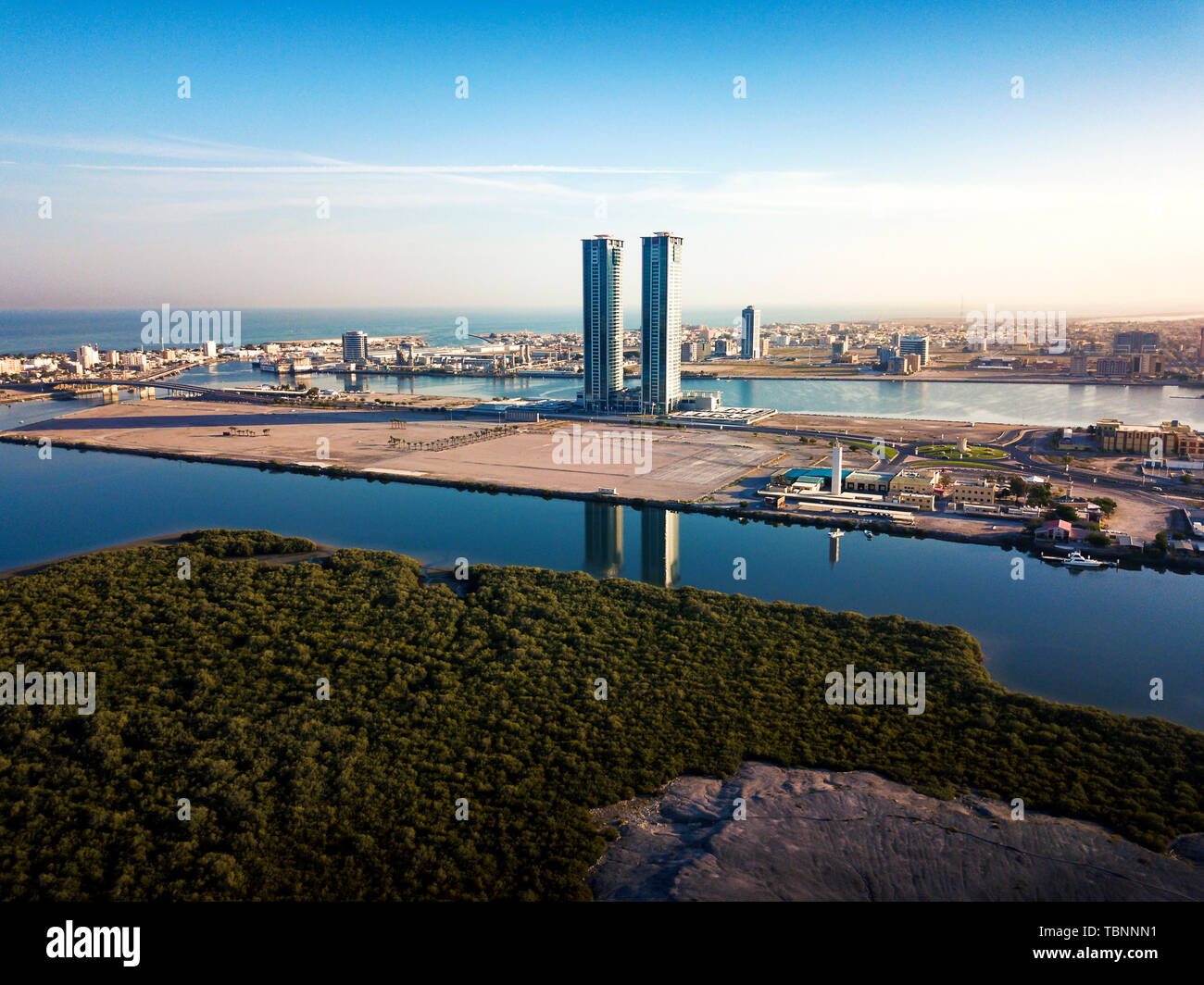 Panoramic view of Ras al Khaimah over mangrove forest in the UAE United Arab Emirates aerial Stock Photo