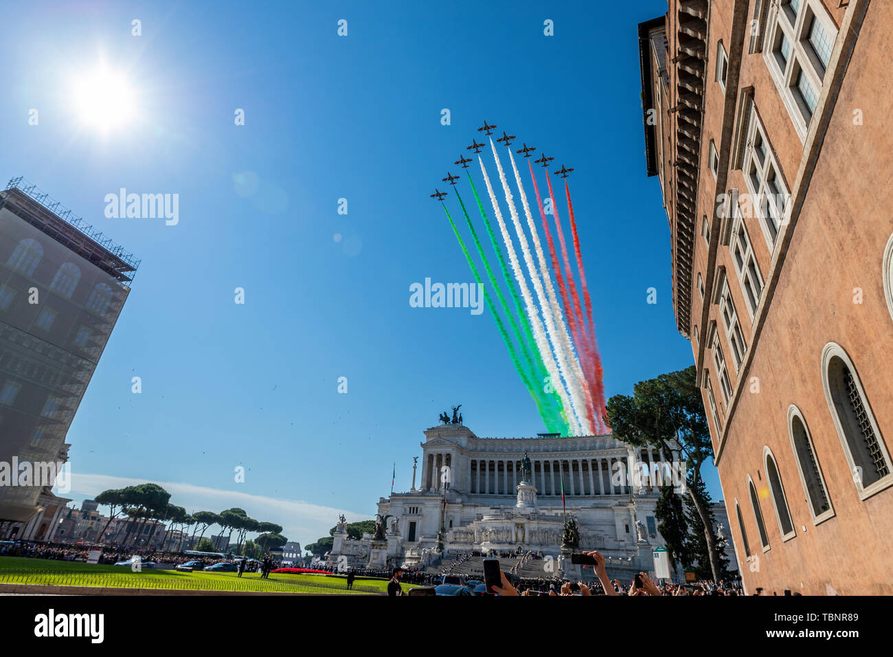 Rome, Italy - June 2, 2019: Italian acrobatic aerial team 'Frecce Tricolore' flying over Altar of the Fatherland at Republic Day in Rome, Italy Stock Photo
