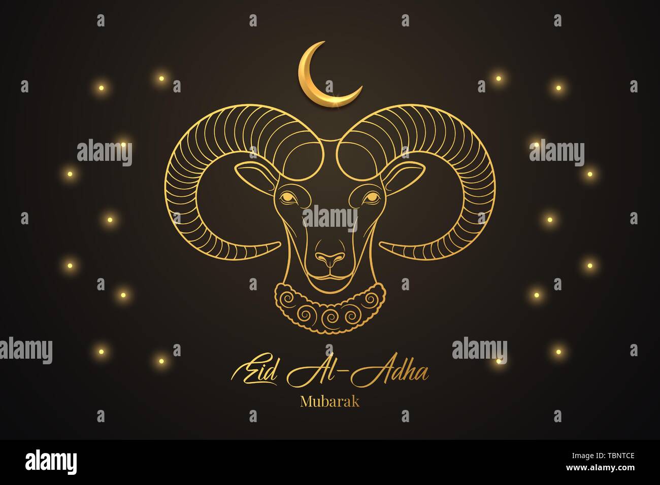Eid Al Adha Mubarak Muslim Holiday The Feast Of Sacrifice With Golden Ram And Crescent On The Black Background Vector Illustration Graphic Design Stock Vector Image Art Alamy