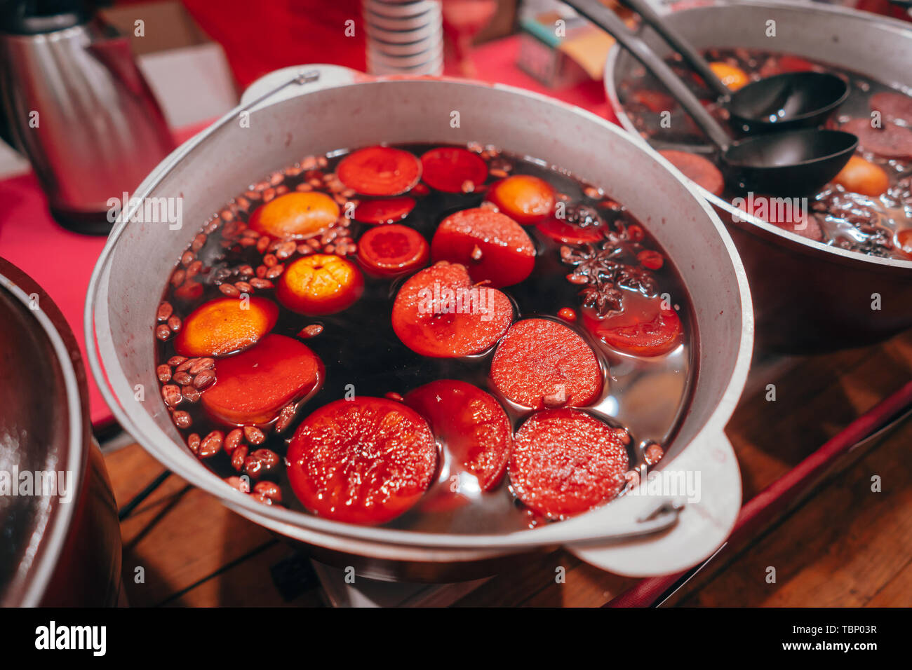 Freshly cooked mulled wine in the pan Stock Photo