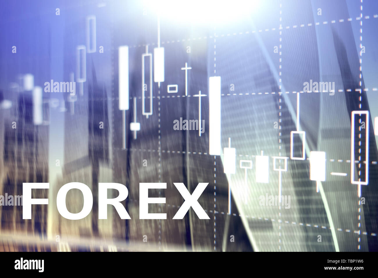 Forex trading, financial candle chart and graphs on blurred business center background. Stock Photo