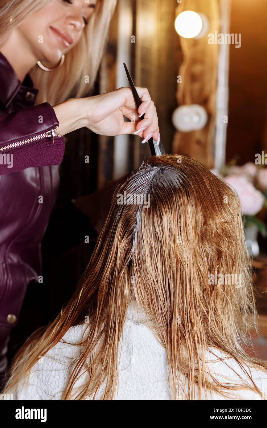 Hairdresser Is Dyeing Female Hair Hairstylist With Brush Applying