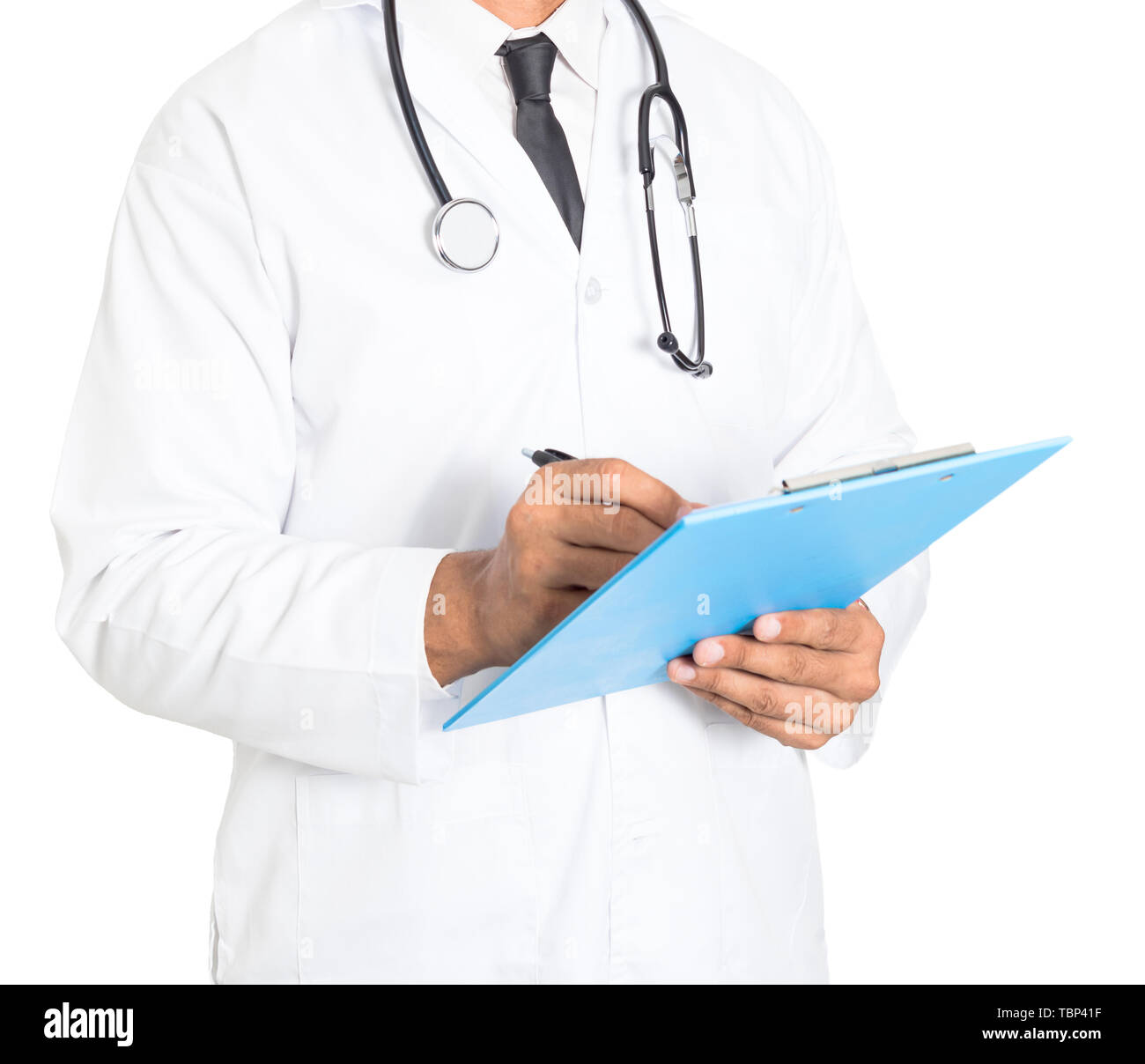 Close up of male medicine doctor writing on clipboard. Medical and healthcare concept Stock Photo