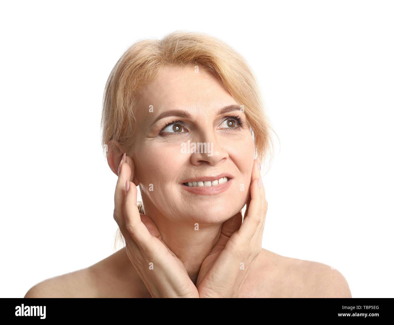 Portrait of beautiful mature woman on white background Stock Photo - Alamy