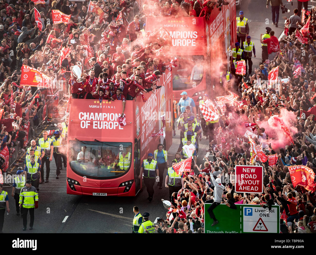 Liverpool players and staff on the bus 