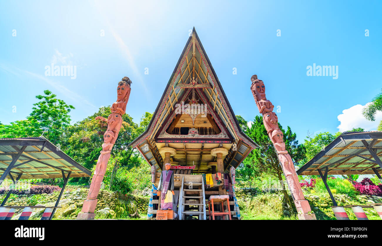 Ambarita, Indonesia - February 22, 2019: Batak traditional house facade traditional village front view at lake Toba, famous travel destination in Suma Stock Photo