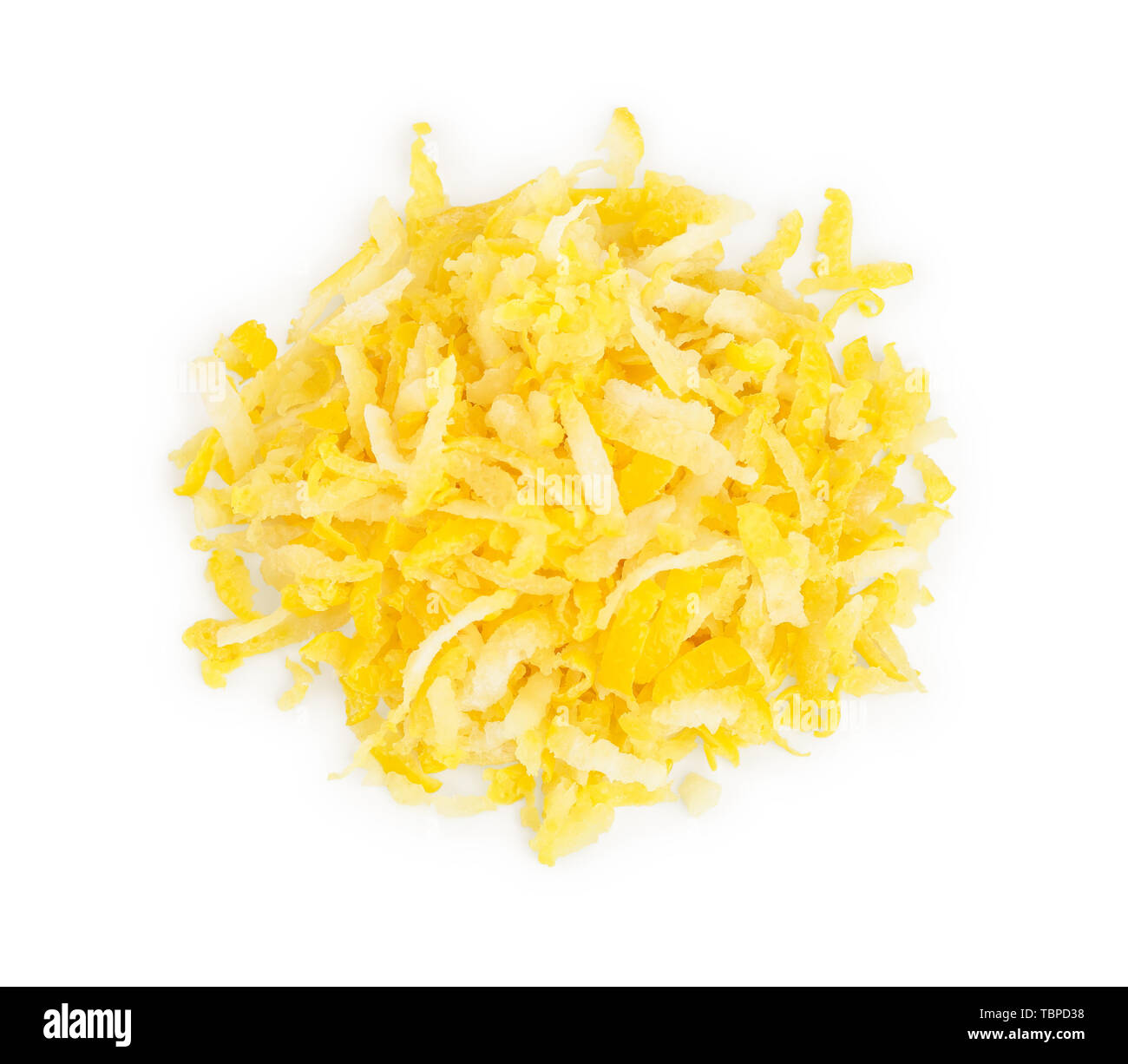 Lemon peel or zest isolated on white background. Healthy food. Top view. Flat lay Stock Photo