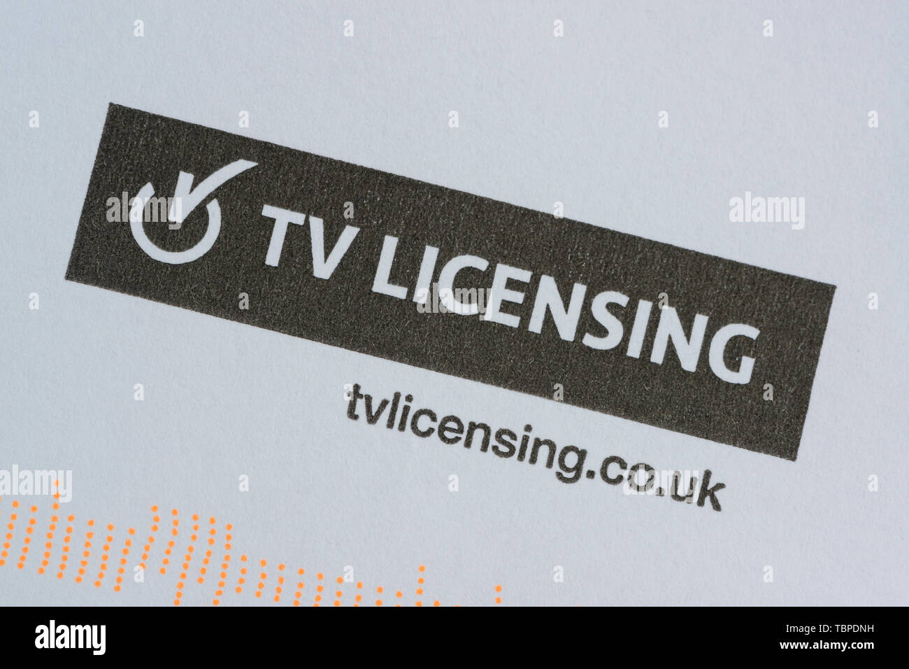 The logo of TV Licensing as seen on the envelope sent by the UK television authority. Stock Photo