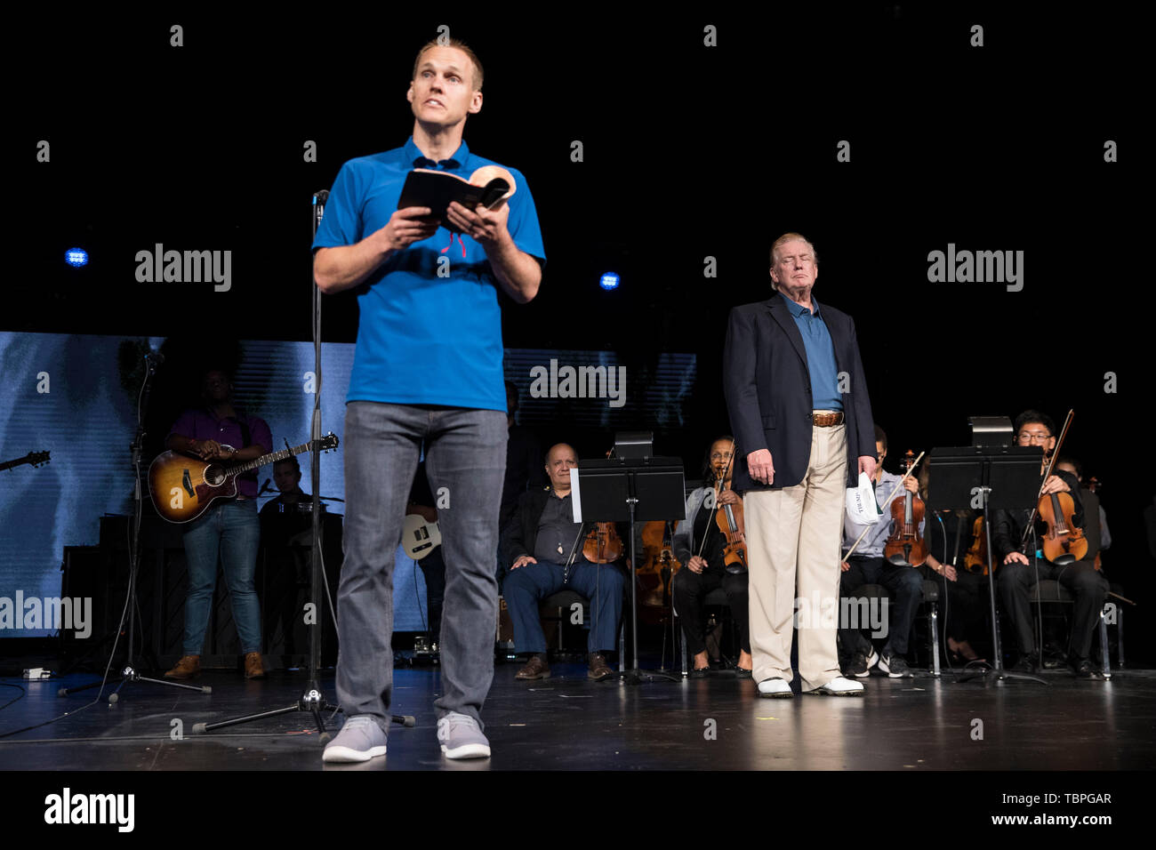 Vienna, United States Of America. 02nd June, 2019. United States President Donald J. Trump makes a surprise visit to McLean Bible Church in Vienna, Virginia, where the pastor David Platt prayed for him Sunday June 2, 2019. Credit: Sarah Silbiger/Pool via CNP | usage worldwide Credit: dpa/Alamy Live News Stock Photo
