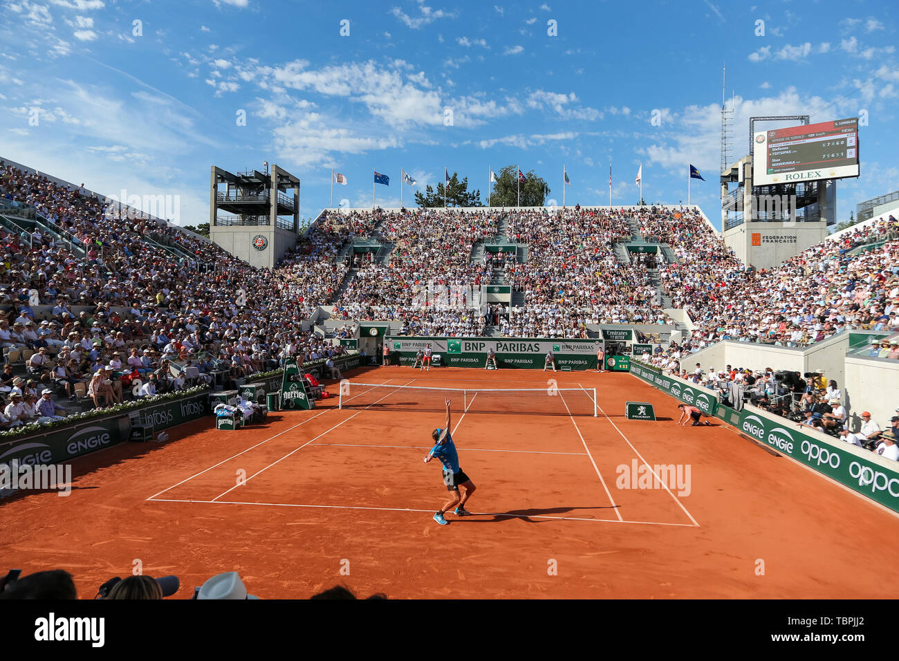 Paris, France. 2nd June, 2019. A general view of Court Suzanne Lenglen  during the men's singles fourth round match of the French Open tennis  tournament between Stan Wawrinka of Switzerland and Stefanos