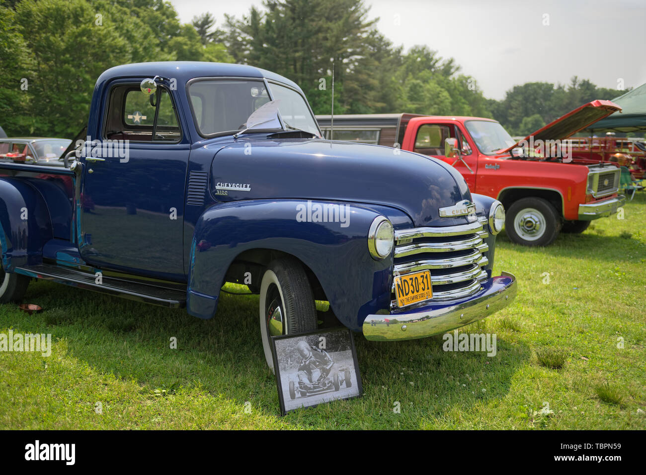 Old Westbury, New York, USA. 2nd June, 2019. The antique 1951 blue Chevrolet pickup truck, owned by Debbie Dugan of Glen Head, is an antique car entry on display at the 53rd Annual Spring Meet Antique Car Show, sponsored by the Greater NY Region (NYGR) of the Antique Car Club of America (AACA), at Old Westbury Gardens, a Long Island Gold Coast estate. Credit: Ann Parry/ZUMA Wire/Alamy Live News Stock Photo