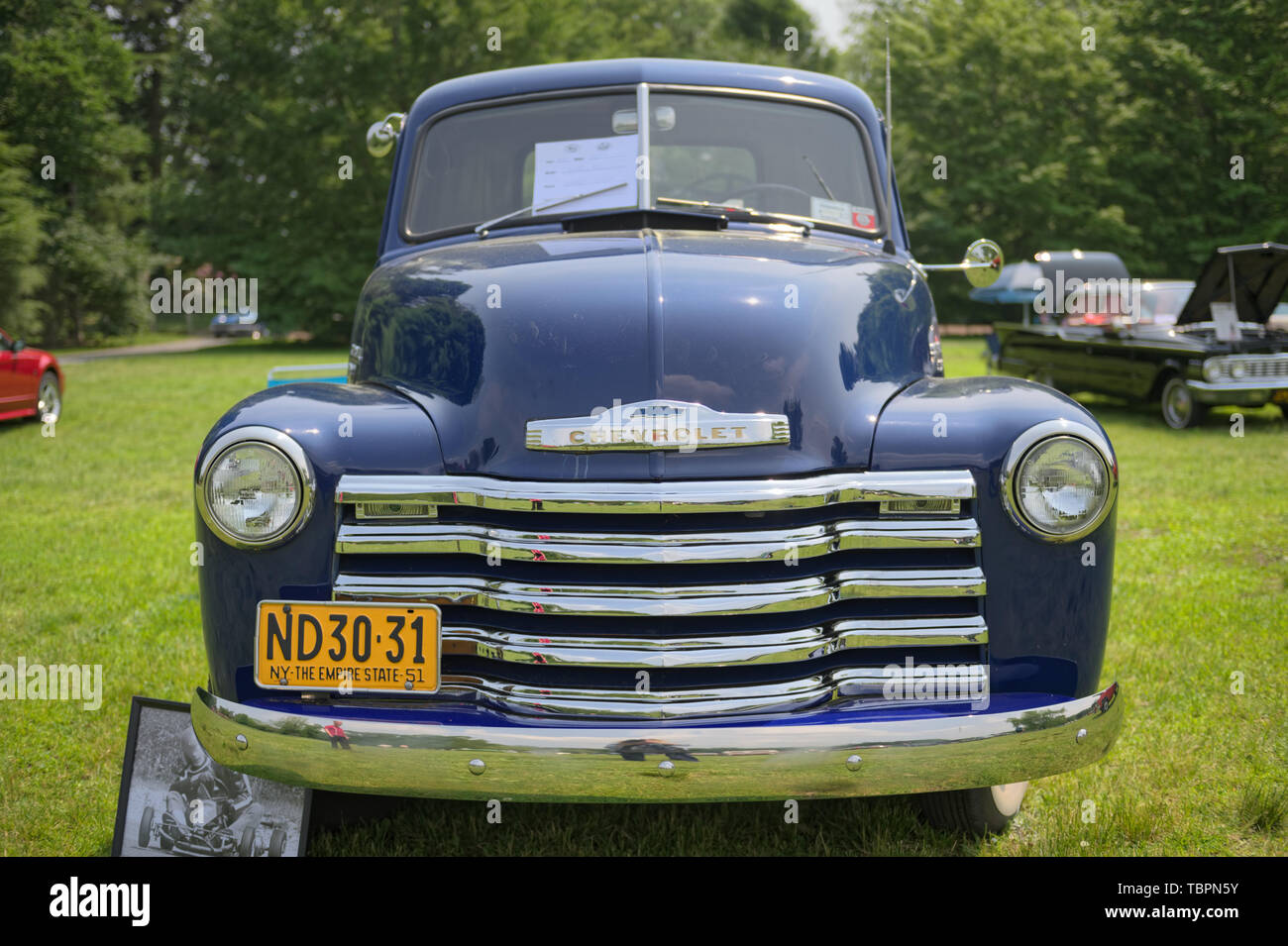 Old Westbury, New York, USA. 2nd June, 2019. The antique 1951 blue Chevrolet pickup truck, owned by Debbie Dugan of Glen Head, is an antique car entry on display at the 53rd Annual Spring Meet Antique Car Show, sponsored by the Greater NY Region (NYGR) of the Antique Car Club of America (AACA), at Old Westbury Gardens, a Long Island Gold Coast estate. Credit: Ann Parry/ZUMA Wire/Alamy Live News Stock Photo