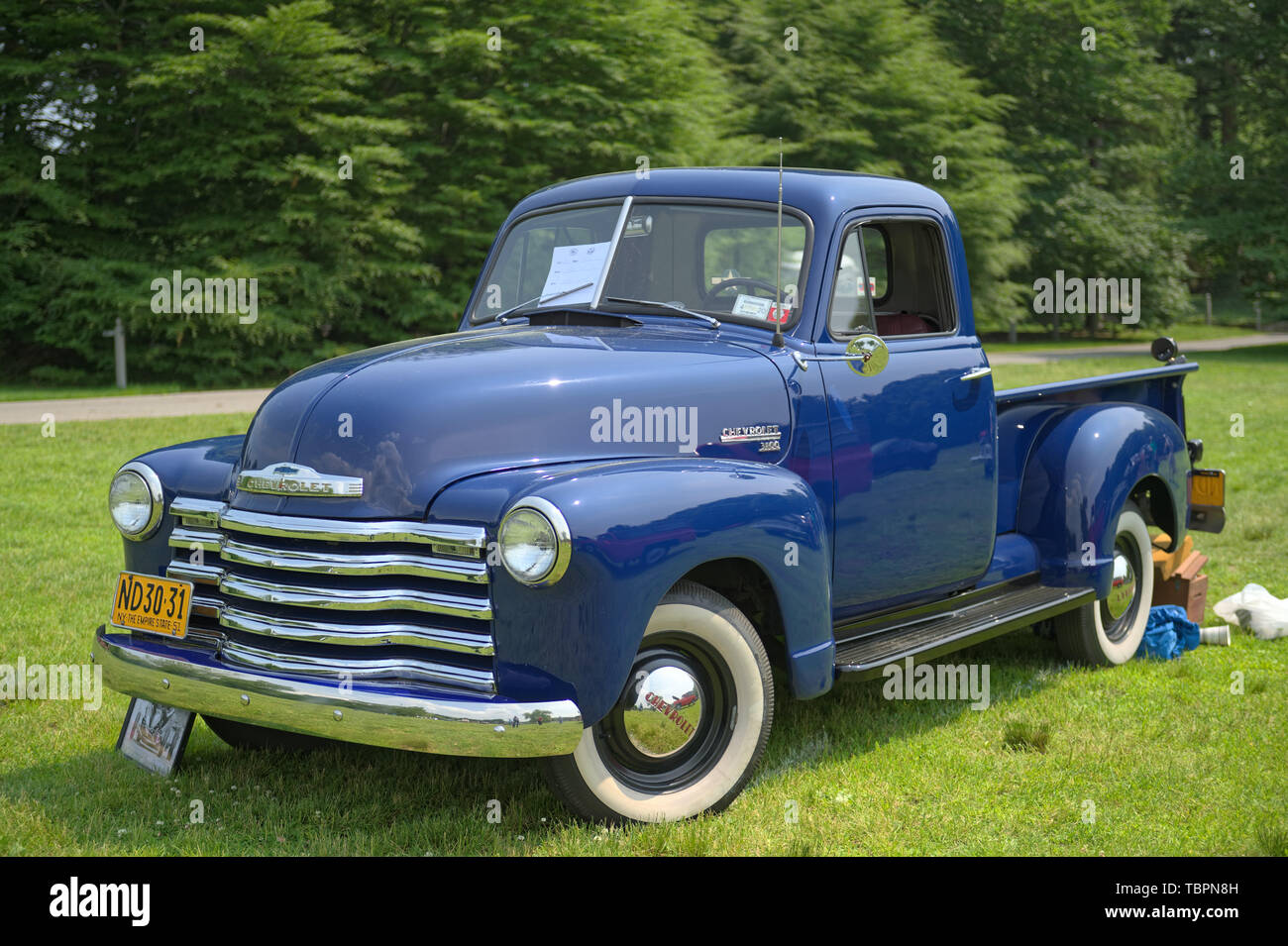 Old Westbury, New York, USA. 2nd June, 2019. The antique 1951 blue Chevrolet pickup truck, owned by Debbie Dugan of Glen Head, is an antique car entry on display at the 53rd Annual Spring Meet Antique Car Show, sponsored by the Greater NY Region (NYGR) of the Antique Car Club of America (AACA), at Old Westbury Gardens, a Long Island Gold Coast estate. Credit: Ann Parry/ZUMA Wire/Alamy Live News Stock Photo