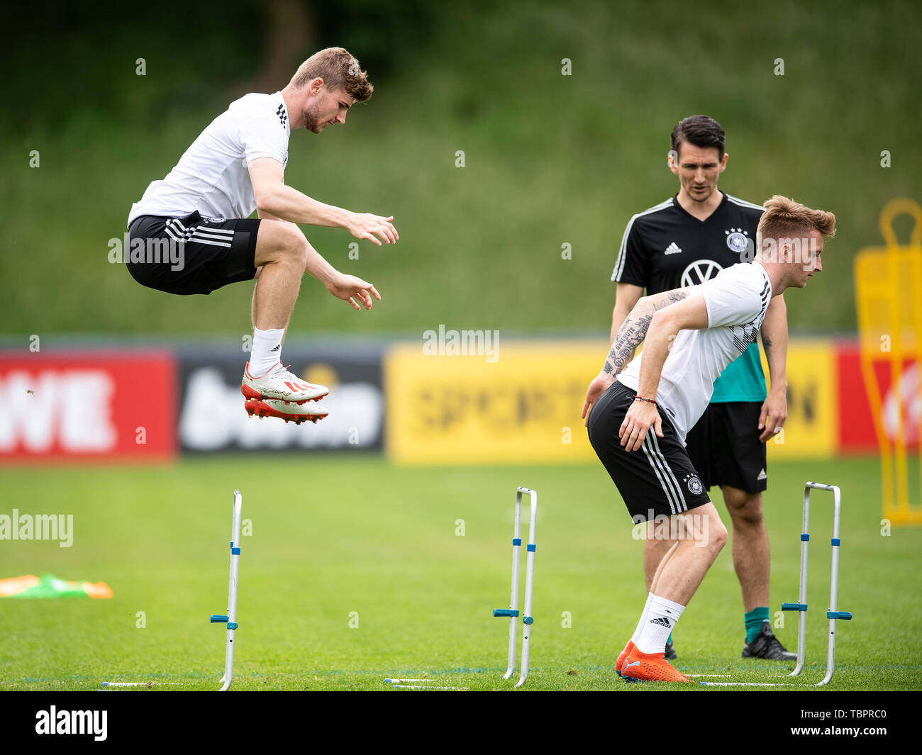 Venlo, Netherlands. 03rd June, 2019. Timo Werner (l) and Marco Reus train with the national team in the De Koel stadium. The national football team plays against Belarus (8.6.) and Estonia (11.6.) in the European Championship qualification. Credit: Marius Becker/dpa/Alamy Live News Stock Photo
