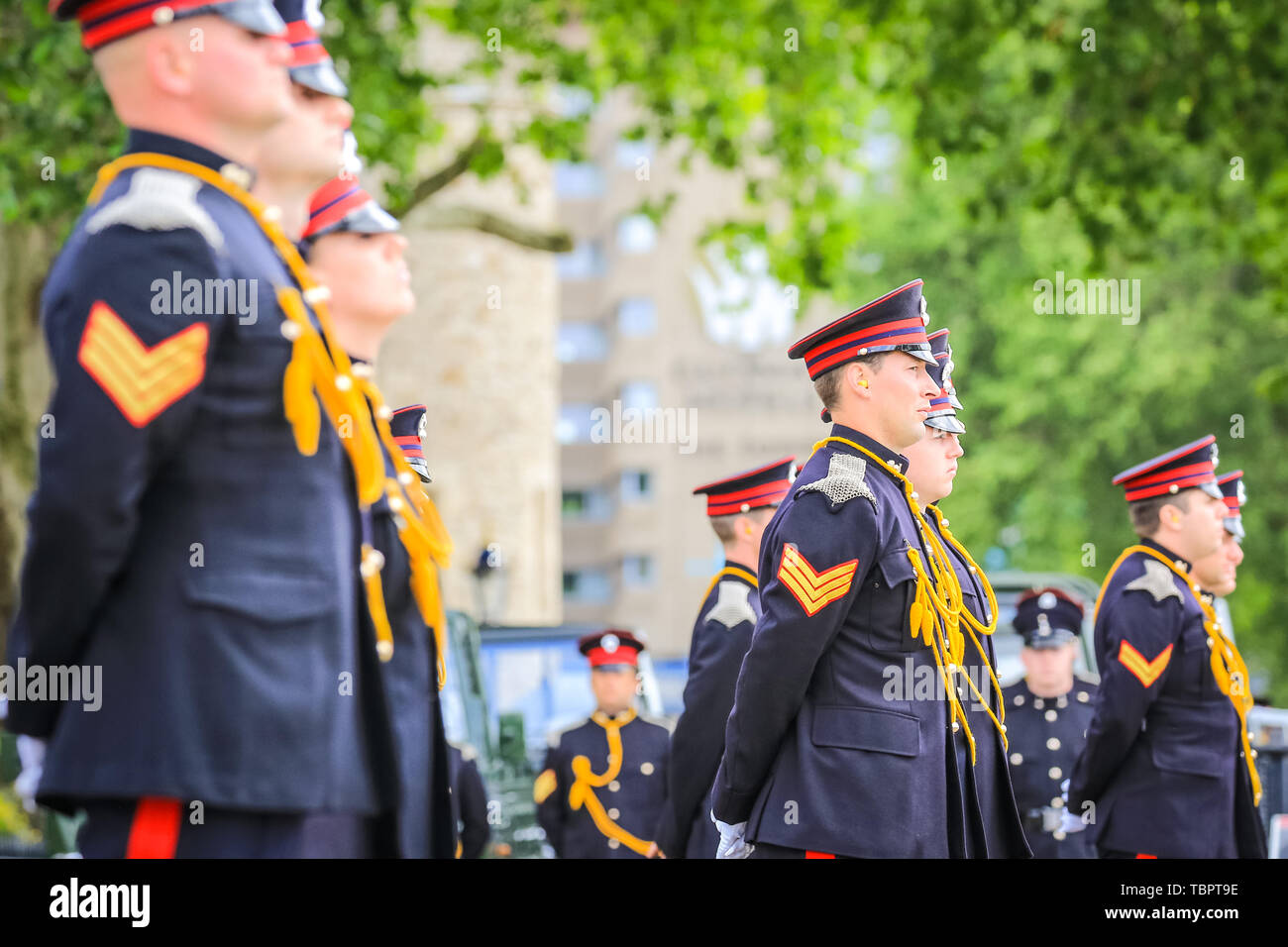 London, UK, 03rd June 2019. A 103 round gun salute by the Honourable Artillery Company at HM Tower of London is fired at midday. The 103 rounds are:  41 to mark 66 years since HM The Queen’s coronation, 41 to mark the state visit of the President of the United States, and 21 for the City of London. Credit: Imageplotter/Alamy Live News Stock Photo