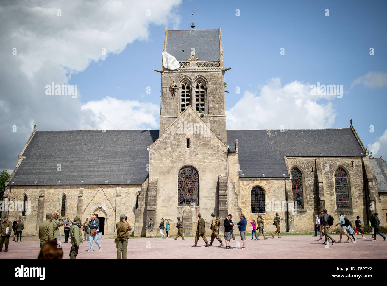 Sainte Mere Eglise France 03rd June 19 A Skydiving Doll Hangs On The Church Of Sainte