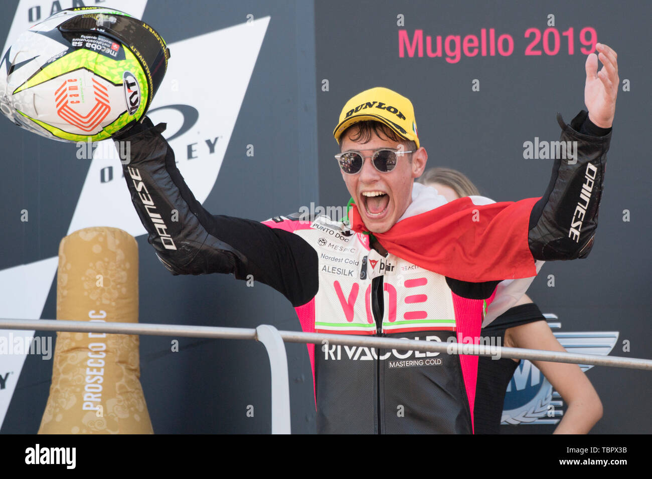 2st June 2019, Circuit of Mugello, Scarperia, Florence, Italy;  MotoGP of Italy, Race Day; Tony Arbolino (VNE Snipers) celebrates on podium as he wins the Moto3 Race Stock Photo