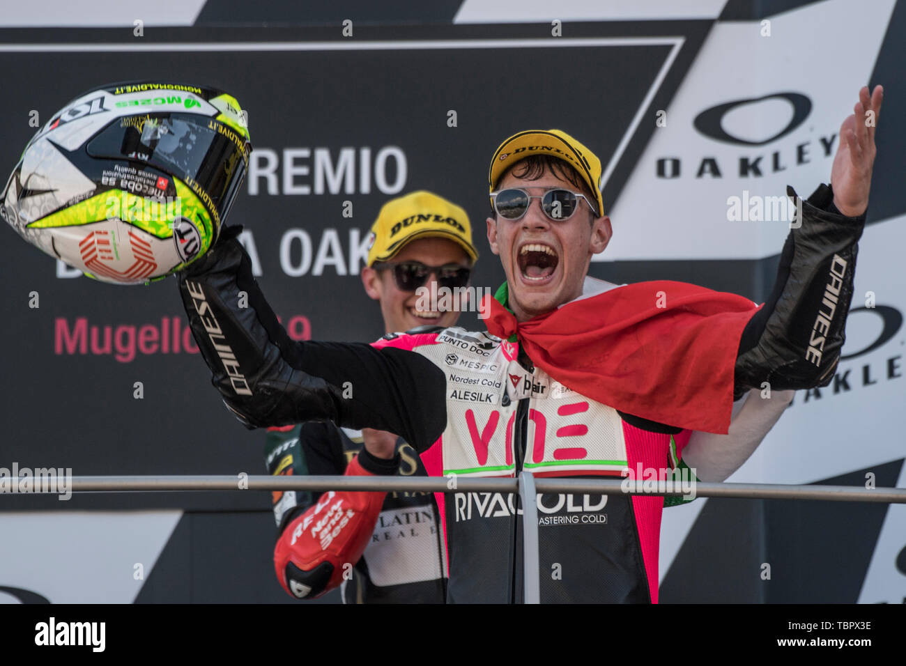 2st June 2019, Circuit of Mugello, Scarperia, Florence, Italy;  MotoGP of Italy, Race Day; Tony Arbolino (VNE Snipers) celebrates on podium as he wins the Moto3 Race Stock Photo