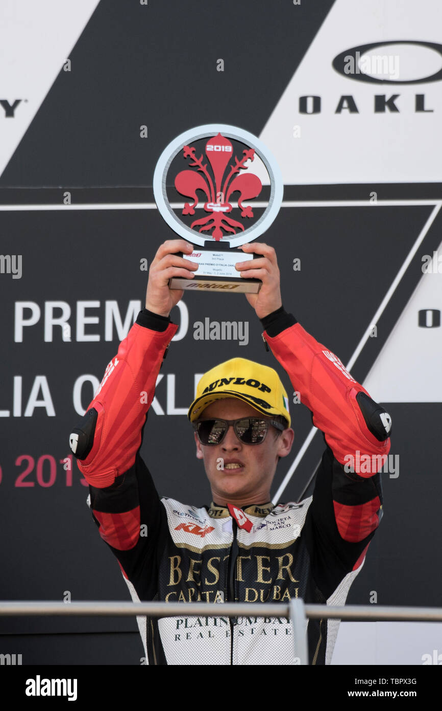 22st June 2019, Circuit of Mugello, Scarperia, Florence, Italy;  MotoGP of Italy, Race Day; Tony Arbolino (VNE Snipers) celebrates on podium as he wins the Moto3 Race Stock Photo