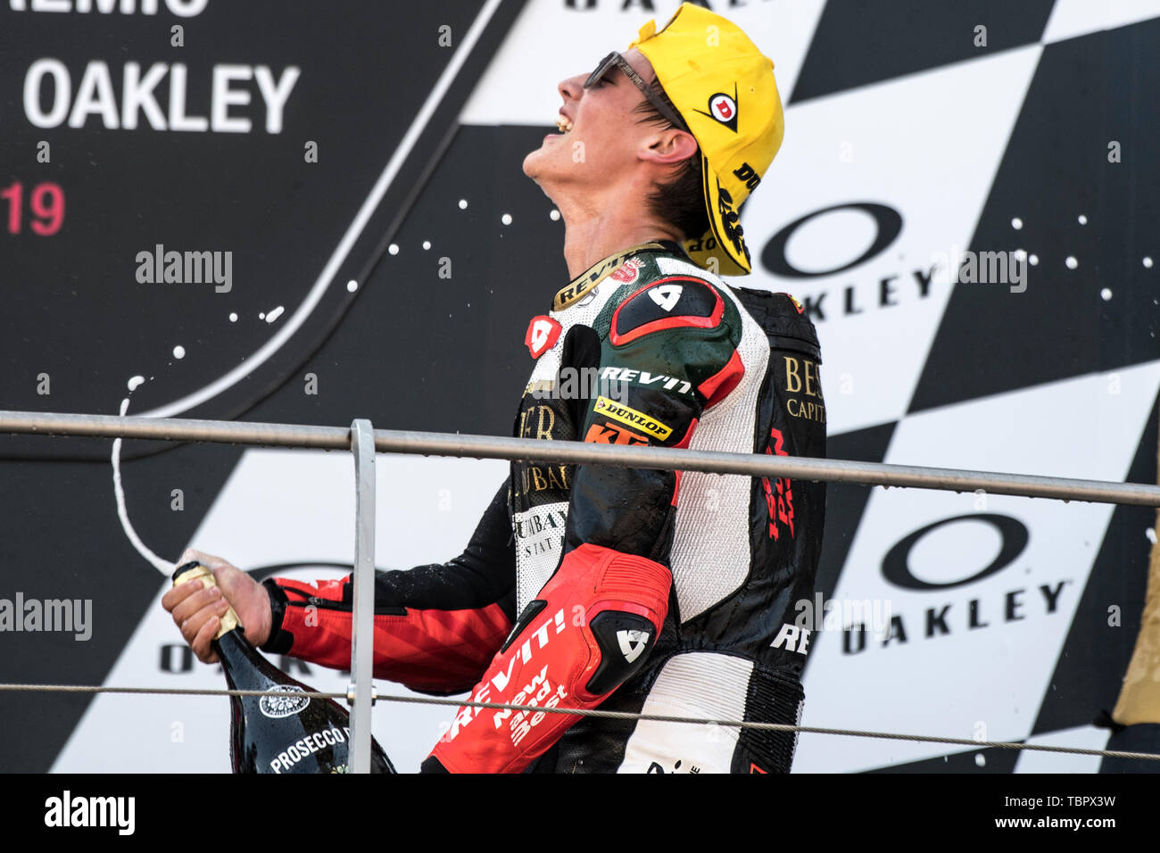 2st June 2019, Circuit of Mugello, Scarperia, Florence, Italy;  MotoGP of Italy, Race Day; Jaume Masia  (Bester Capital Carse) celebrates second place in Moto3 race Stock Photo