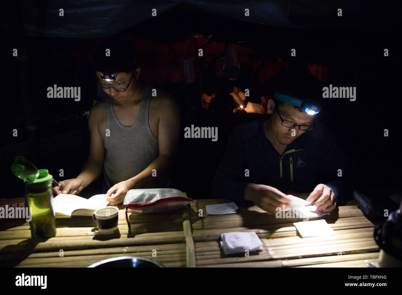 (190603) -- TAMANTHI, June 3, 2019 (Xinhua) -- Chinese researchers check plant samples at their campsite in the Tamanthi Wildlife Sanctuary in north Myanmar, May 27, 2019. A China-Myanmar joint field expedition, made up with researchers from the Southeast Asia Biodiversity Research Institute of the Chinese Academy of Sciences (CAS-SEABRI) and the Natural Resources and Environmental Conservation of Myanmar, is doing researches on the biodiversity of the Tamanthi Wildlife Sanctuary in northern Myanmar. The expedition, the eighth of its kind since 2014, began on May 14 and will last till June 15. Stock Photo
