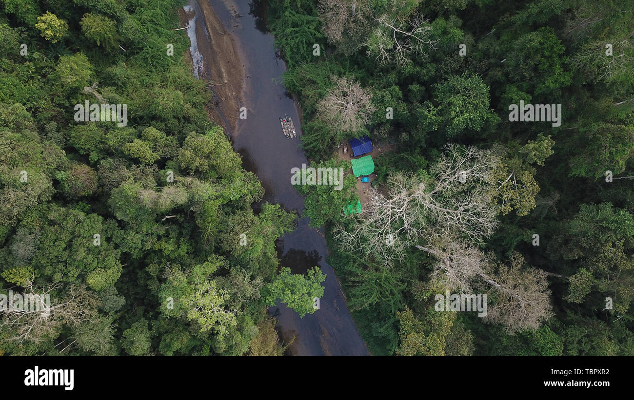 (190603) -- TAMANTHI, June 3, 2019 (Xinhua) -- Aerial photo taken on May 26, 2019 shows a campsite of the China-Myanmar joint field expedition in the Tamanthi Wildlife Sanctuary in north Myanmar. A China-Myanmar joint field expedition, made up with researchers from the Southeast Asia Biodiversity Research Institute of the Chinese Academy of Sciences (CAS-SEABRI) and the Natural Resources and Environmental Conservation of Myanmar, is doing researches on the biodiversity of the Tamanthi Wildlife Sanctuary in northern Myanmar. The expedition, the eighth of its kind since 2014, began on May 14 and Stock Photo