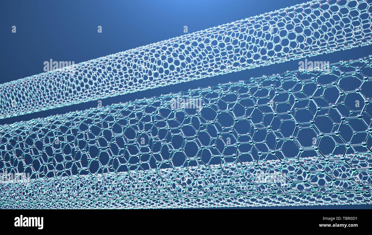 3d Illustration structure of the graphene tube, abstract nanotechnology hexagonal geometric form close-up, concept graphene atomic structure, concept Stock Photo