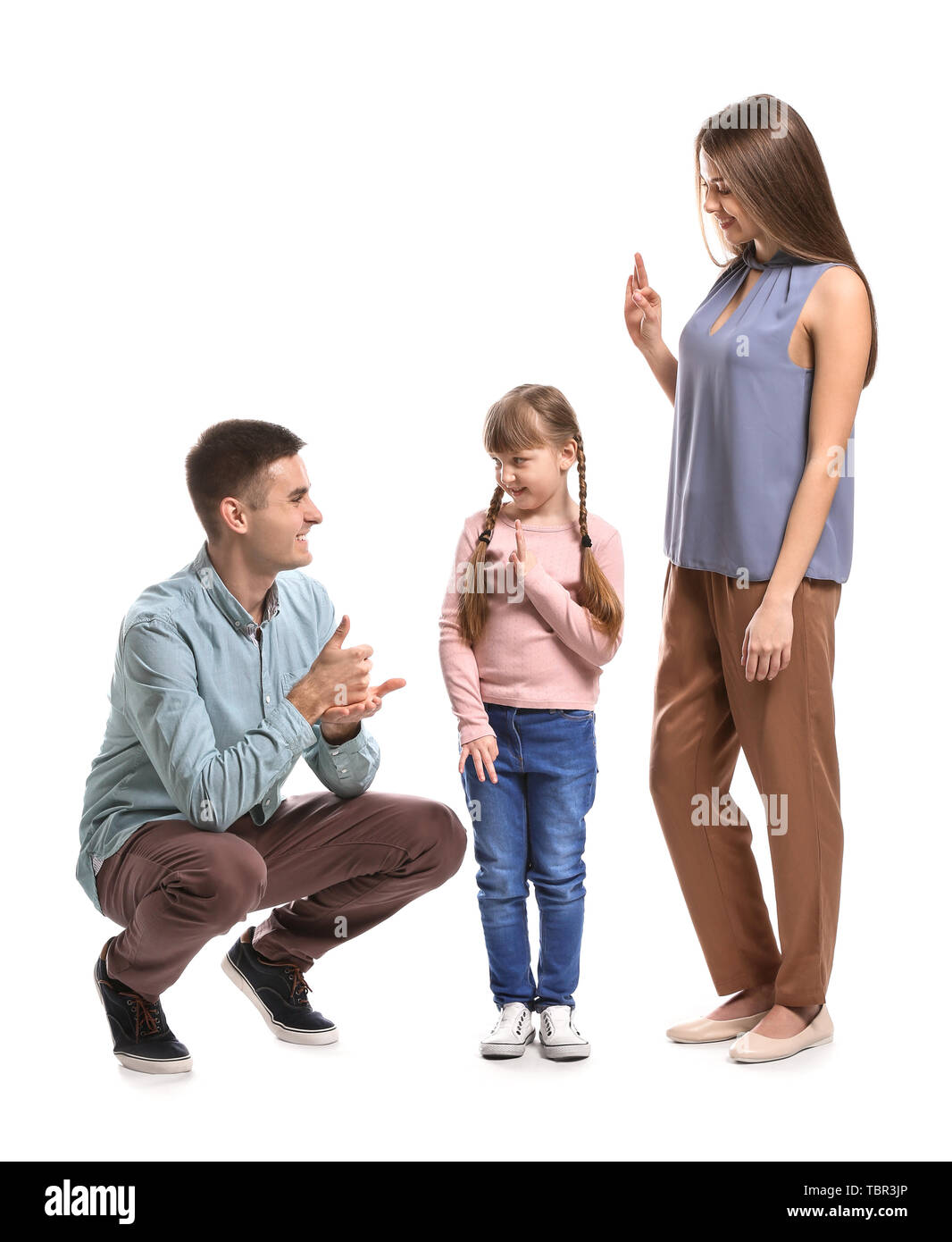 Deaf mute family using sign language on white background Stock Photo