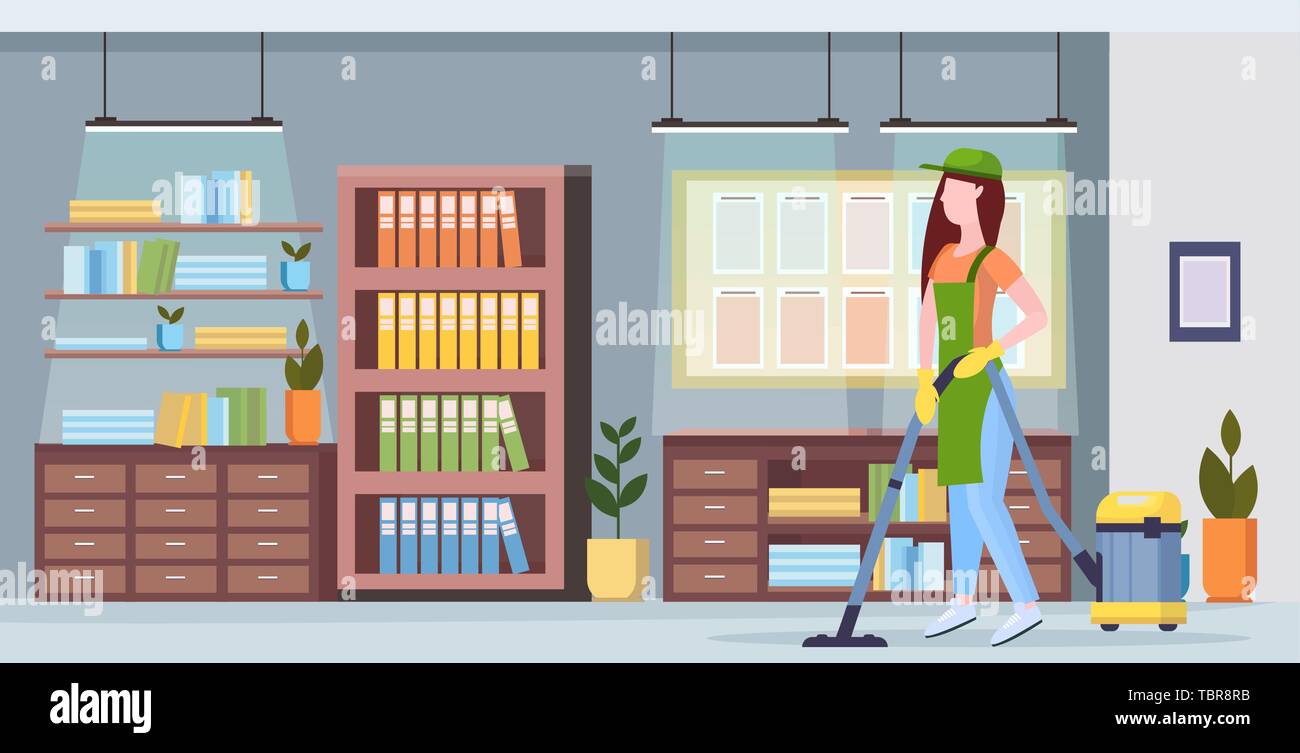 woman using vacuum cleaner girl in uniform vacuuming floor cleaning service concept modern co