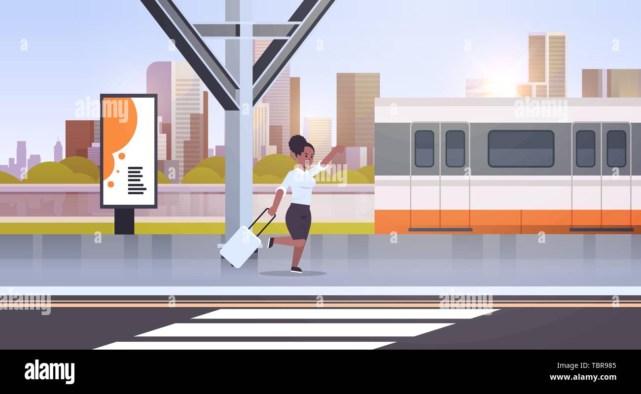 businesswoman running to catch train african american woman with luggage on railway station city public transport female cartoon character cityscape Stock Vector