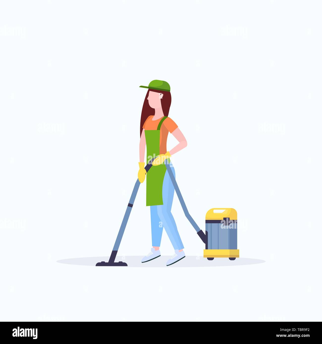 woman in apron using vacuum cleaner female janitor cleaning service ...