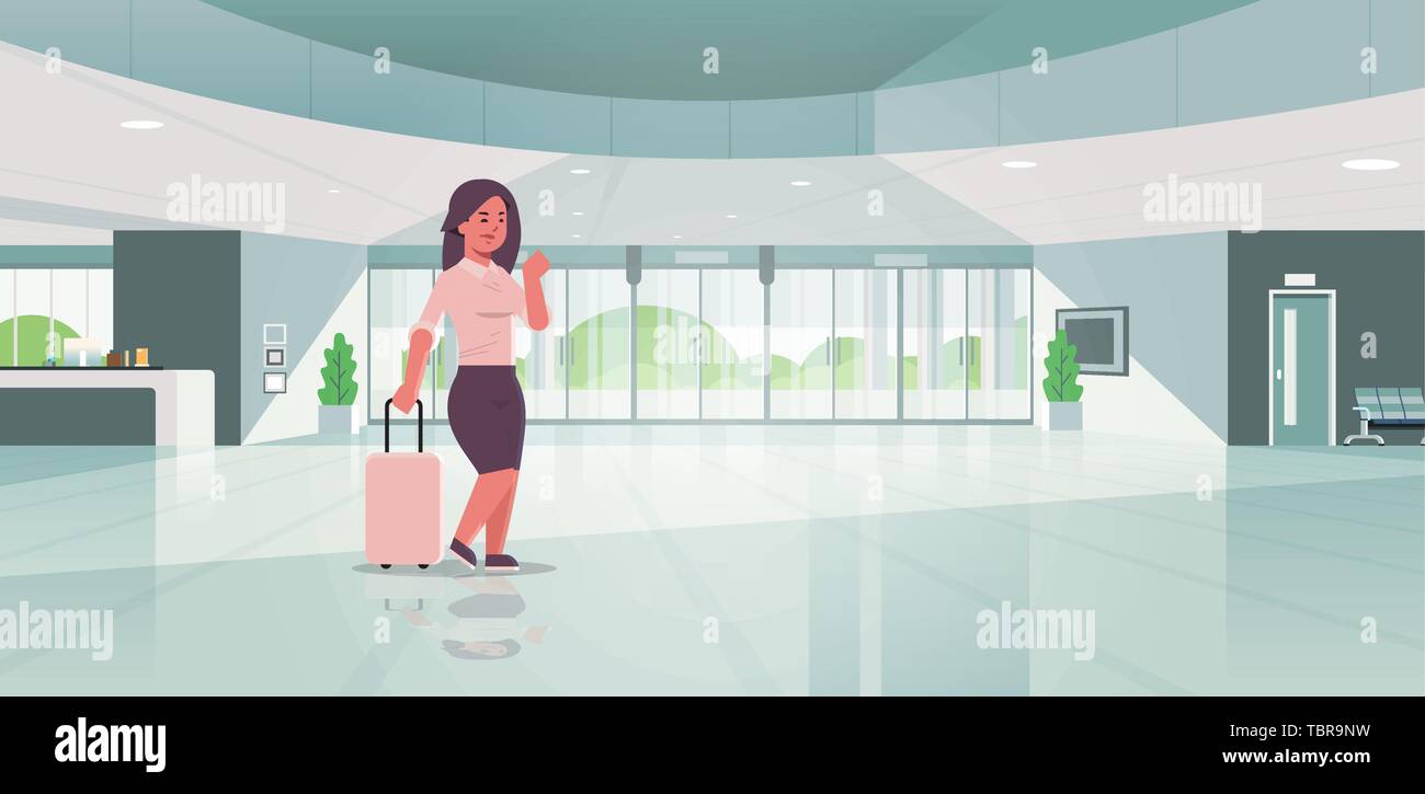 businesswoman with luggage modern reception area business woman holding suitcase girl standing in lobby contemporary hotel hall interior flat Stock Vector