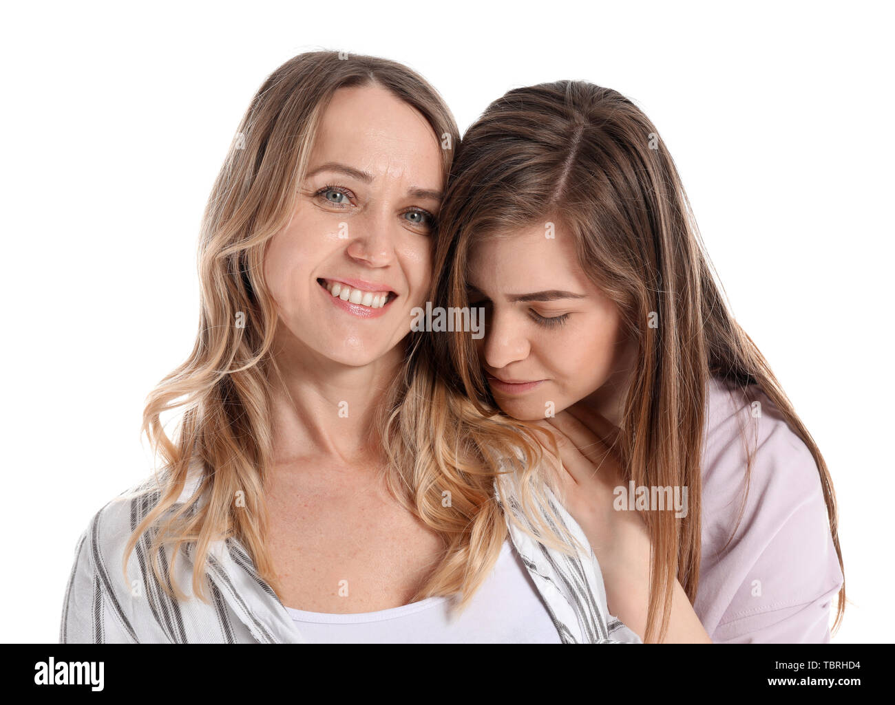 Portrait of happy mother and daughter on white background Stock Photo ...