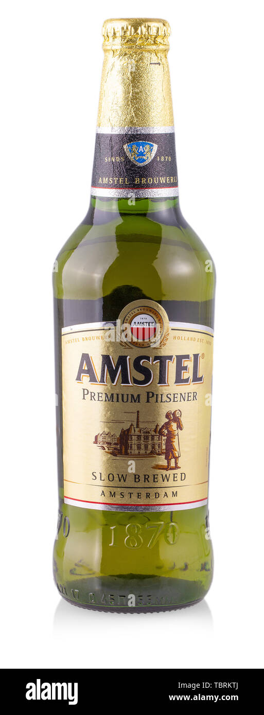 Kamchatka, Russia - November 26, 2018: Classic bottle Of Amstel beer isolated on white studio shot. Stock Photo
