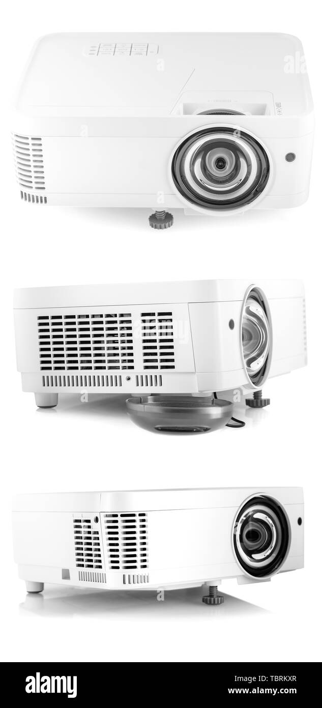 Set of White Multimedia Projector Isolated on White Background Stock