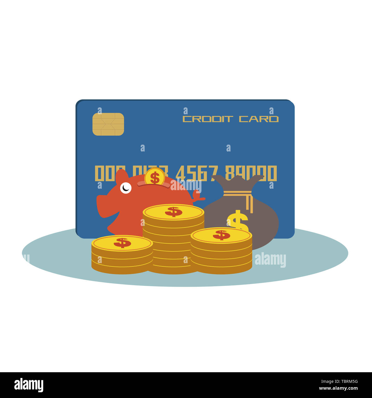 Illustration by credit card with stacked gold coins, piglet savings