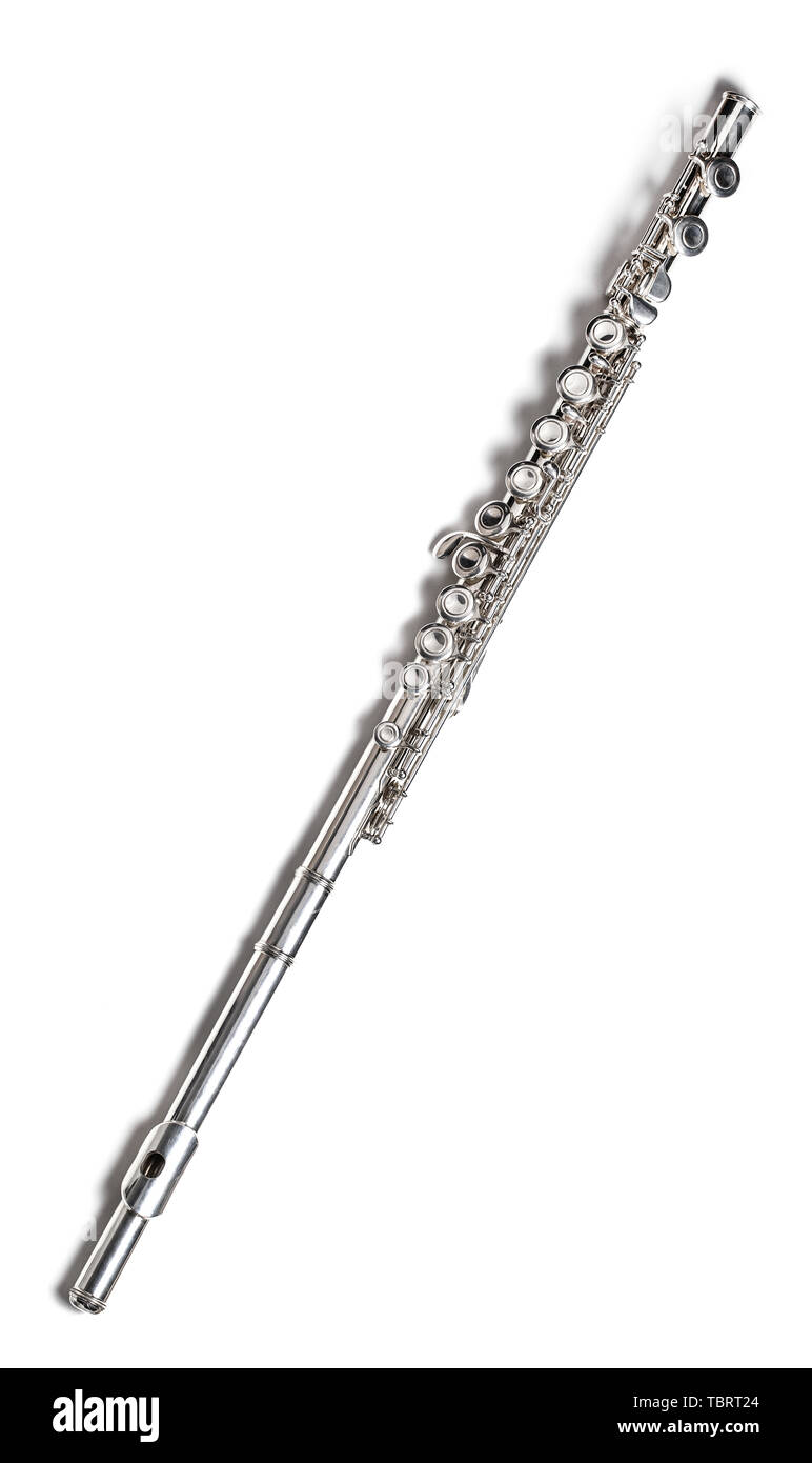 Silver flute on a white background Stock Photo