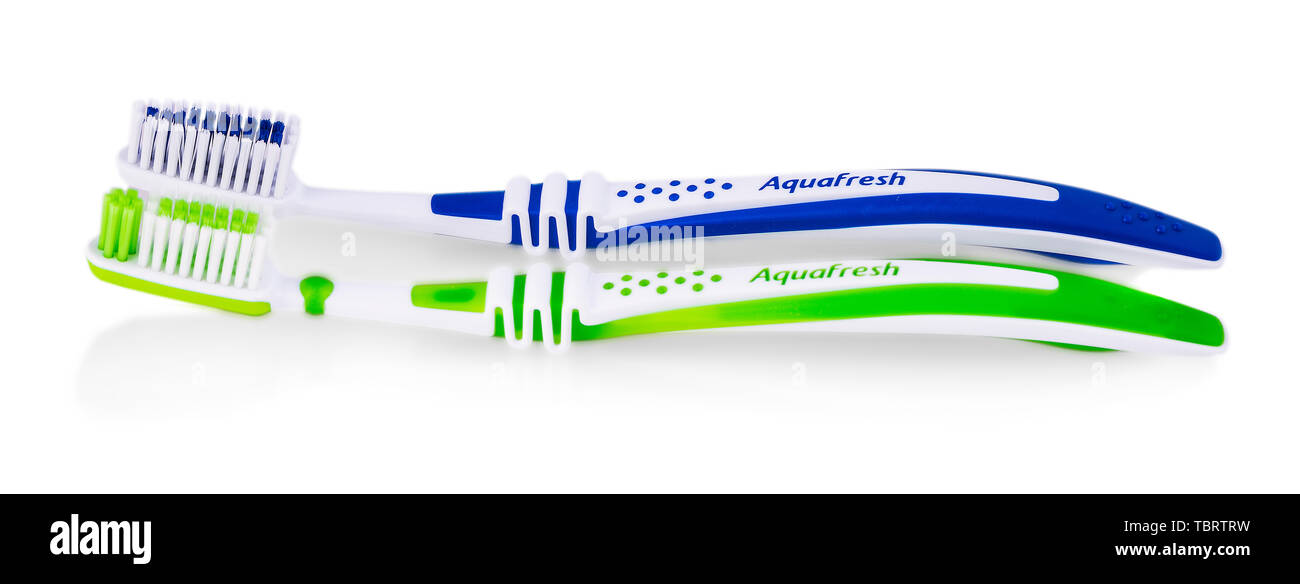 two toothbrushes AQUAFRESH on white background Stock Photo - Alamy