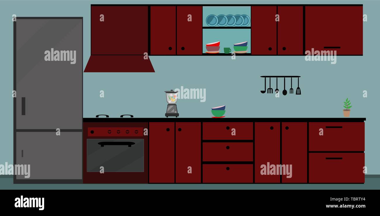 kitchen interior dining flat illustration with stove fridge table and ...