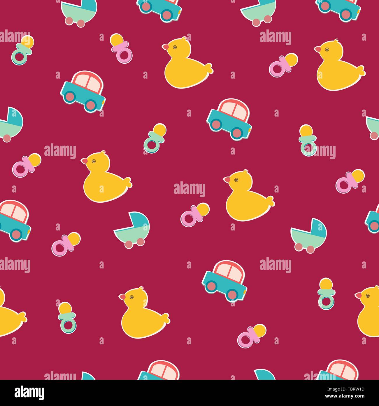 baby seamless pattern with a pacifier a duck and a car on a pink background for newborns for  textiles Stock Vector