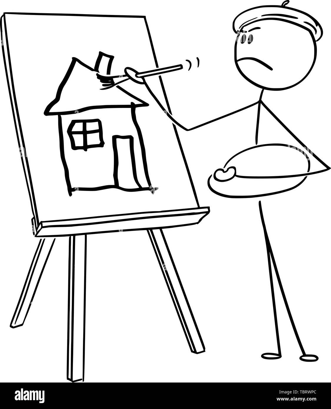 Vector cartoon stick figure drawing conceptual illustration of self-important man or artist with beret and palette painting amateurish house on canvas with brush. Stock Vector