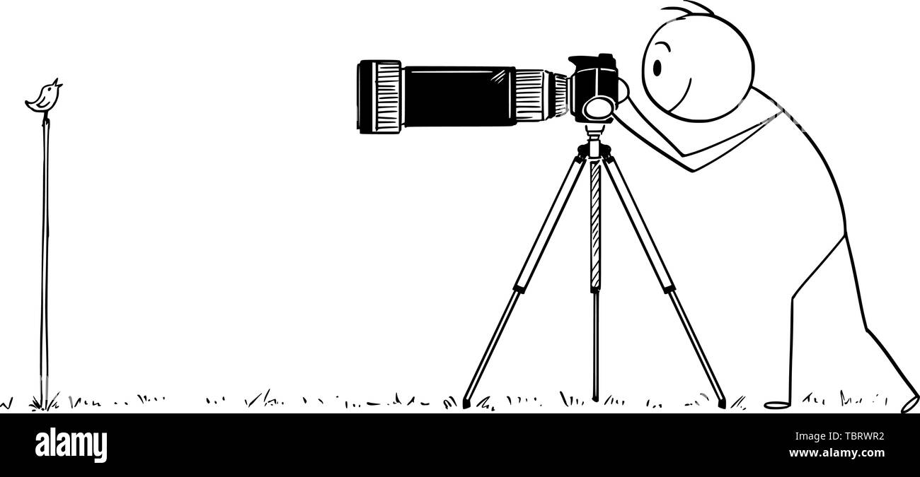 Vector cartoon stick figure drawing conceptual illustration of man with camera on tripod or photographer taking photo of small bird in nature. Stock Vector